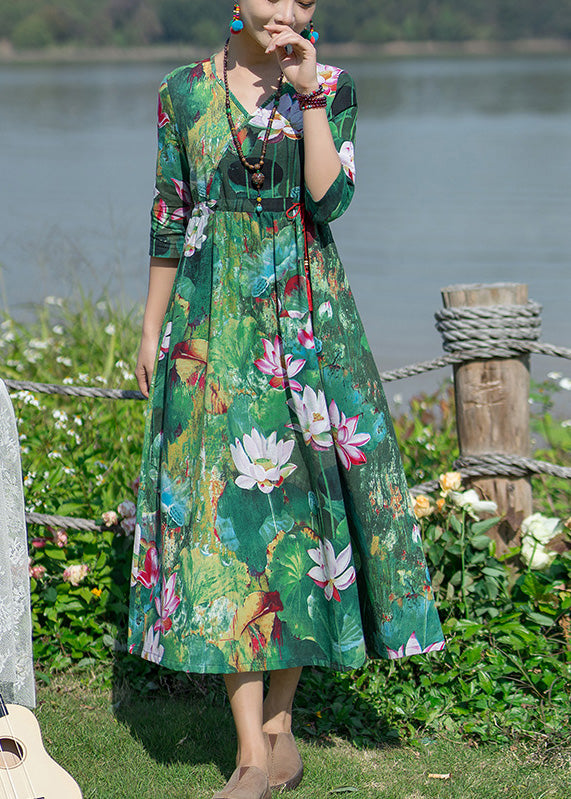 Green V Neck Print Elastic Waist Maxi Dresses Spring