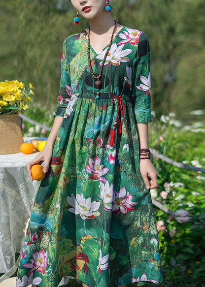 Green V Neck Print Elastic Waist Maxi Dresses Spring