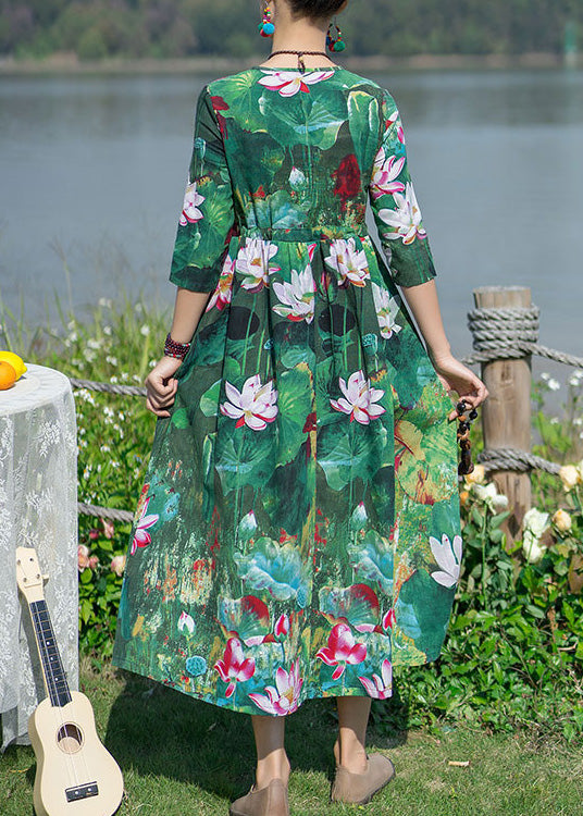 Green V Neck Print Elastic Waist Maxi Dresses Spring