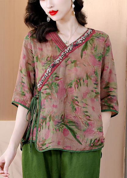 Green V Neck Print Lace Up Linen Tops Half Sleeve