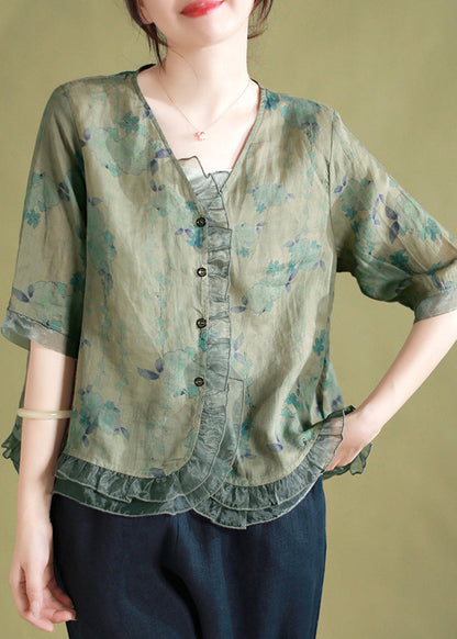 Green V Neck Print Patchwork Linen Shirts Summer