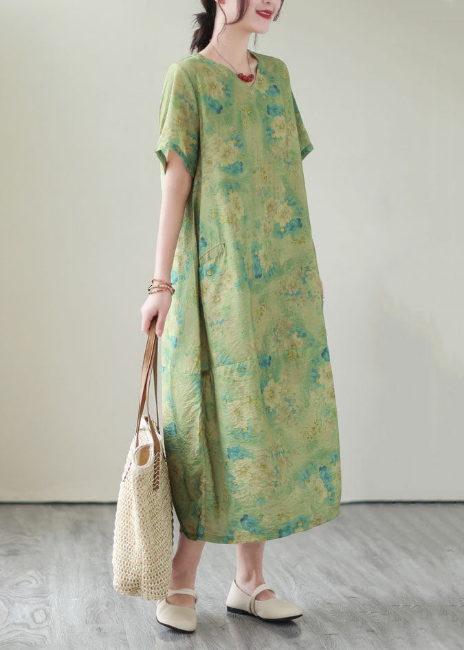 Green V Neck Print Patchwork Long Cotton Dress Summer