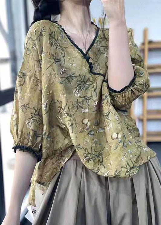 Green V Neck Ruffled Leaf Print Linen Shirts Lantern Sleeve