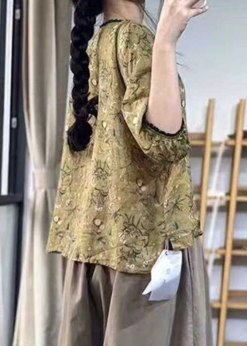 Green V Neck Ruffled Leaf Print Linen Shirts Lantern Sleeve