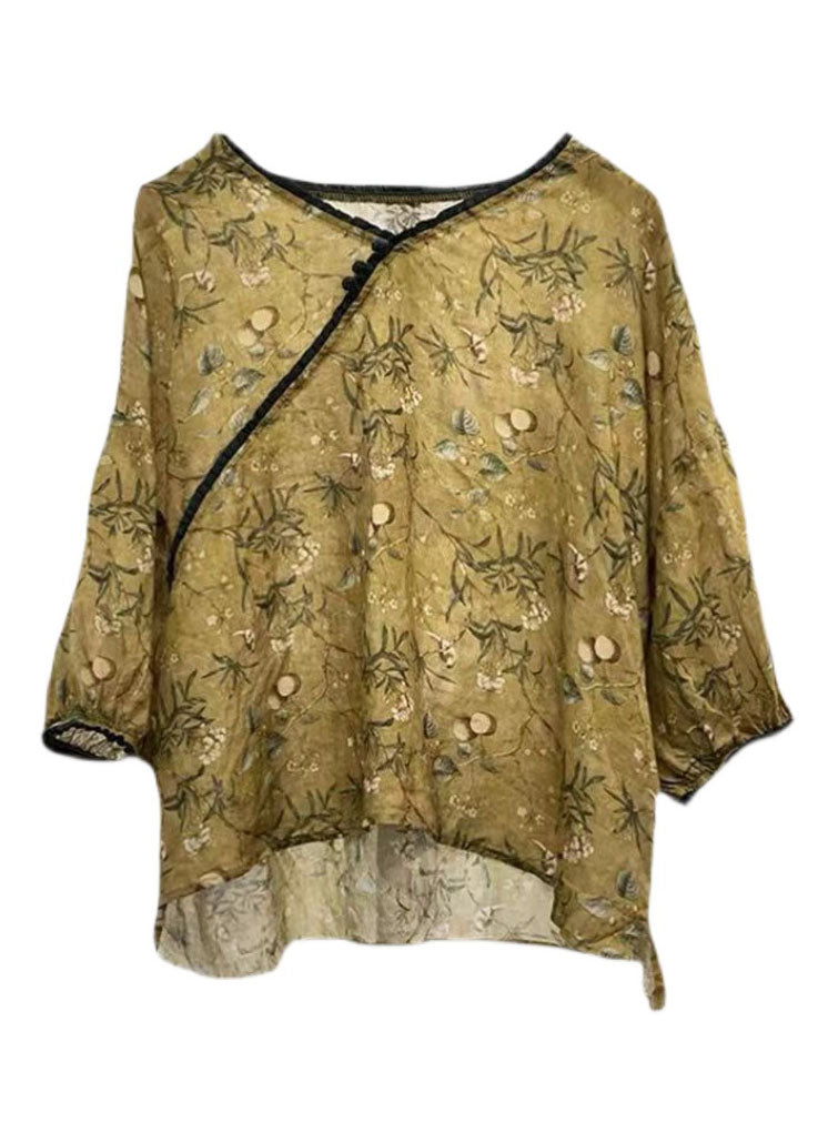 Green V Neck Ruffled Leaf Print Linen Shirts Lantern Sleeve