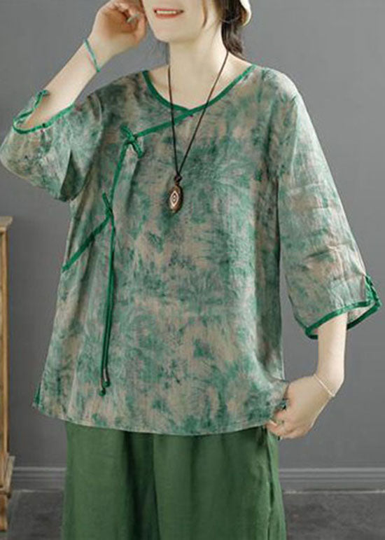 Green V Neck Tasseled Print Patchwork Linen Tops Summer
