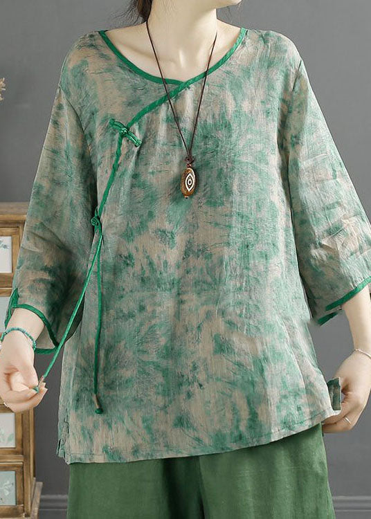 Green V Neck Tasseled Print Patchwork Linen Tops Summer