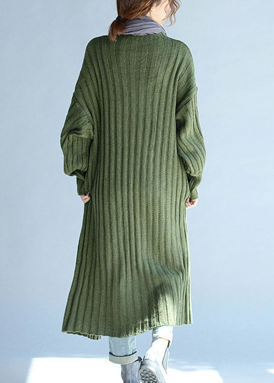 Green V Neck Lantern Sleeve Fall Knit Long Sweaters Coat