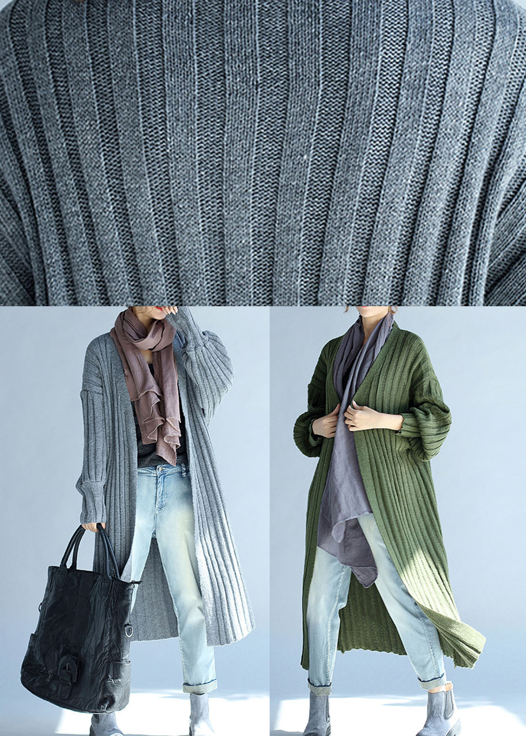 Green V Neck Lantern Sleeve Fall Knit Long Sweaters Coat