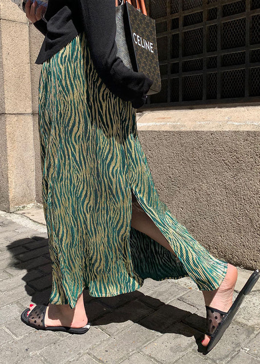 Green Wrinkled Striped Silk Skirt Summer