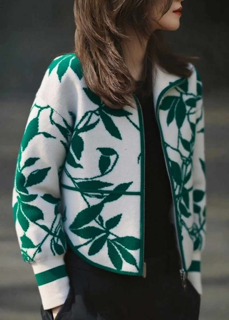 Green Zippered Patchwork Cotton Knit Cardigans Spring