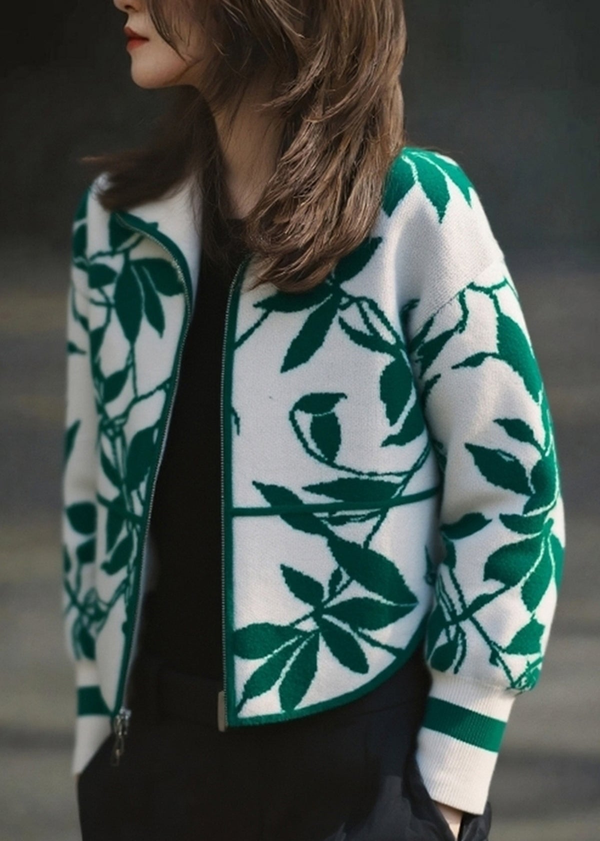 Green Zippered Patchwork Cotton Knit Cardigans Spring