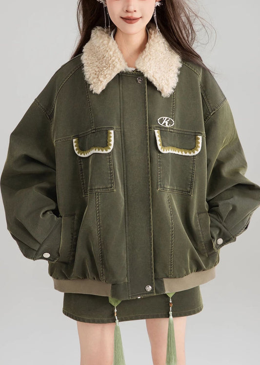 Green Zippered Pockets Patchwork Parka Spring