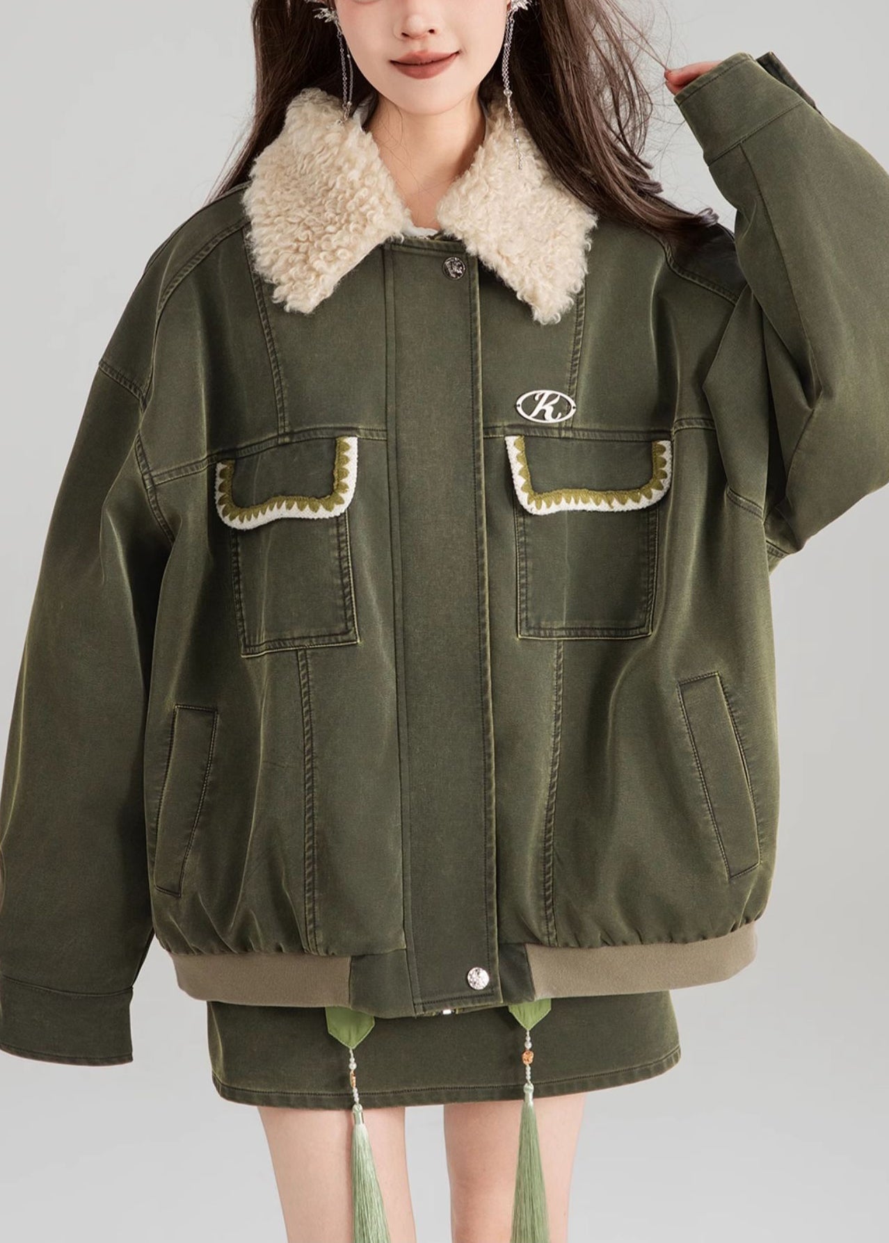 Green Zippered Pockets Patchwork Parka Spring