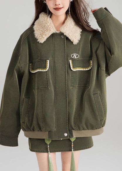 Green Zippered Pockets Patchwork Parka Spring
