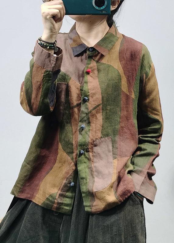 Vintage Green wrinkled Patchwork Linen Shirt Tops Long Sleeve