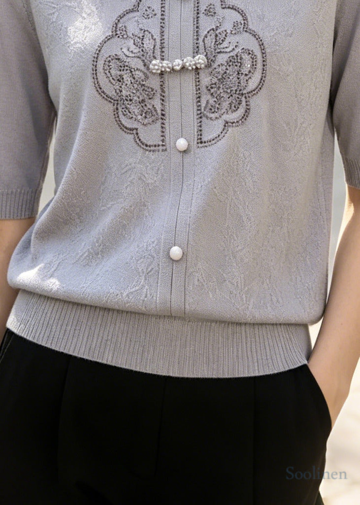 Grey Blue Jacquard Chinese Button Knit Shirt Top Summer