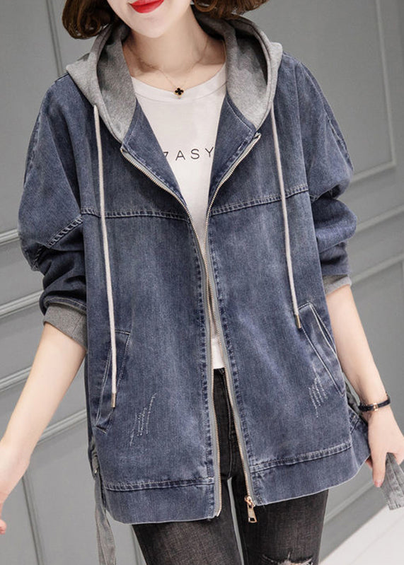 Grey Blue Patchwork Drawstring Hooded Denim Coat Fall