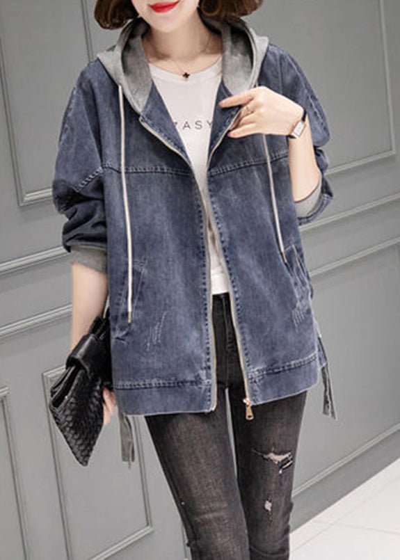 Grey Blue Patchwork Drawstring Hooded Denim Coat Fall