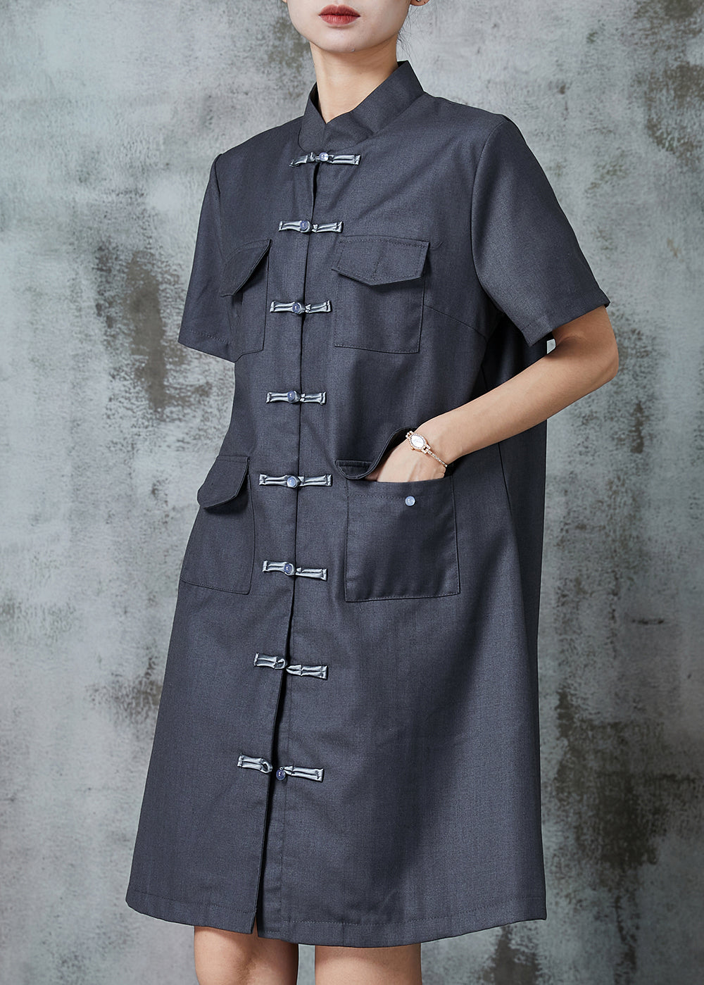 Grey Chinese Button Pockets Linen Dress Summer