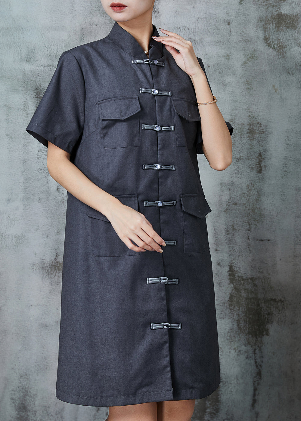 Grey Chinese Button Pockets Linen Dress Summer