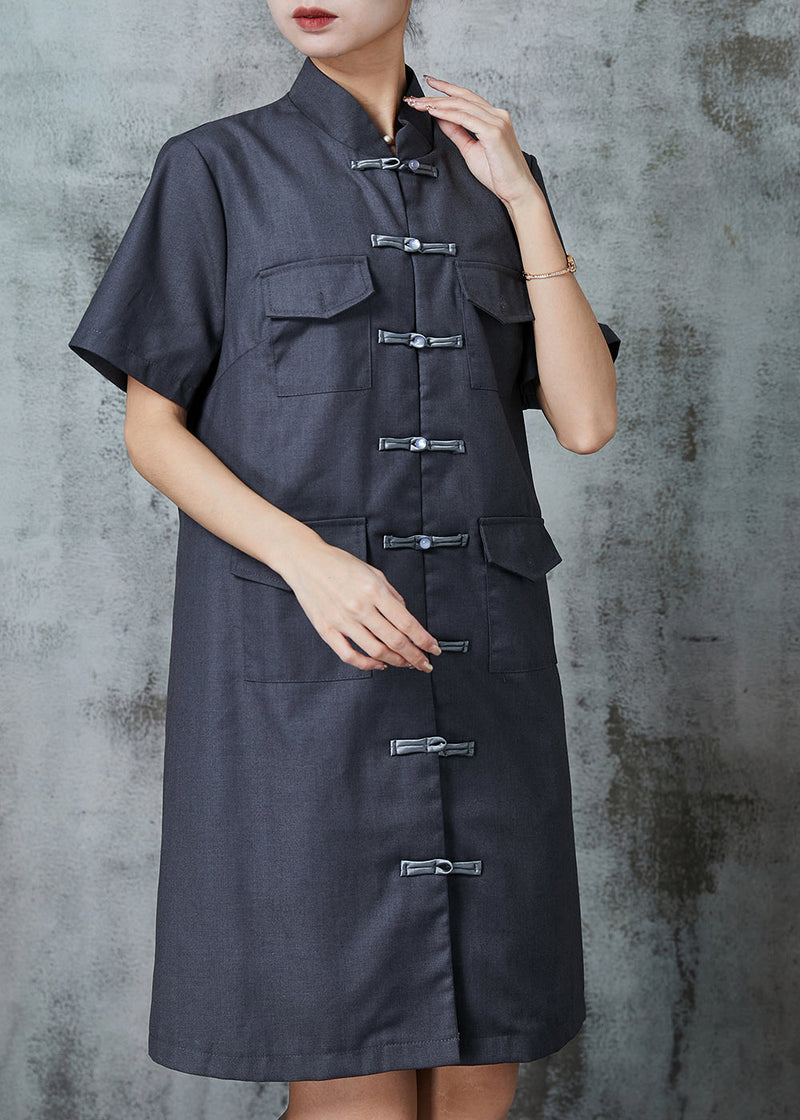 Grey Chinese Button Pockets Linen Dress Summer
