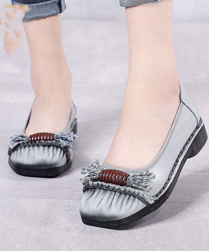 Grey Cowhide Leather Flat Shoes Splicing Flat Shoes