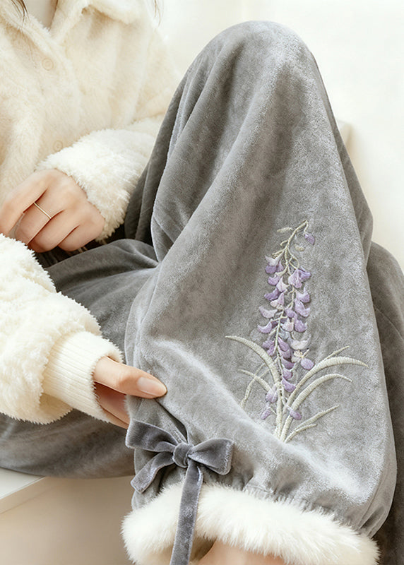 Grey Embroidered Warm Fleece Silk Velvet Pants Winter