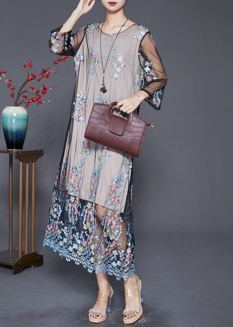 Grey Embroideried Hollow Out Tulle Maxi Dresses Fall