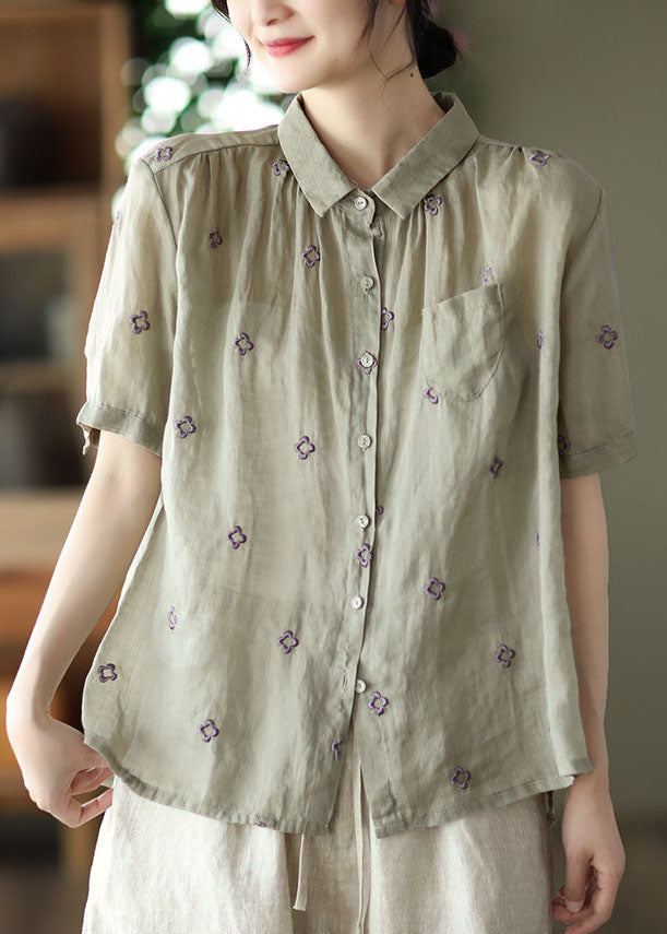 Grey Green Embroideried Linen Shirt Top Short Sleeve
