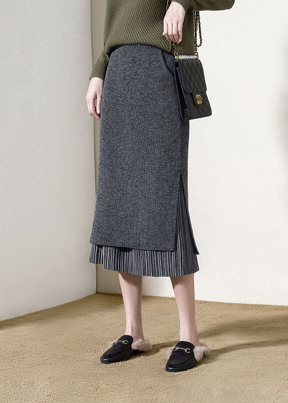 Grey High Waist Patchwork Side Open Woolen Wraped Skirts Winter