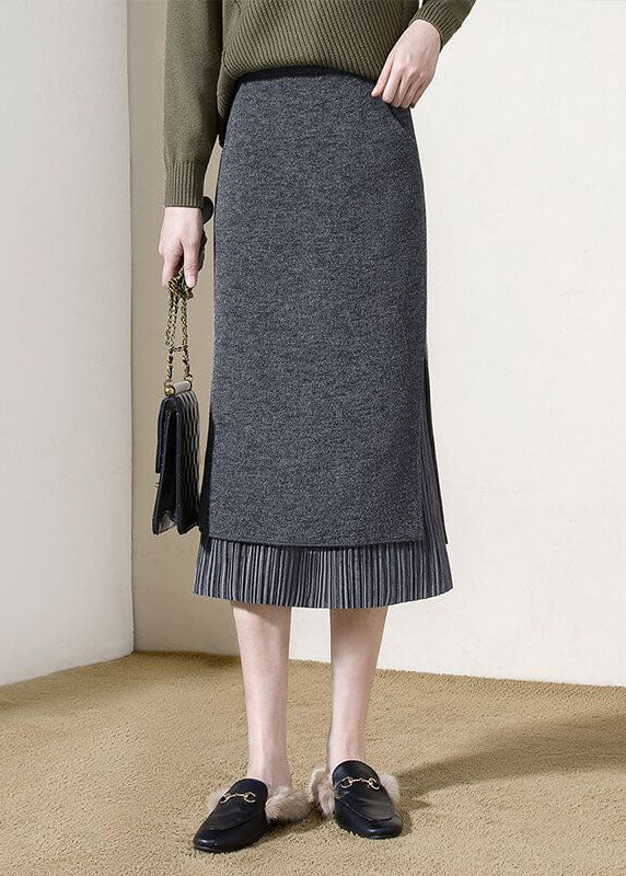 Grey High Waist Patchwork Side Open Woolen Wraped Skirts Winter