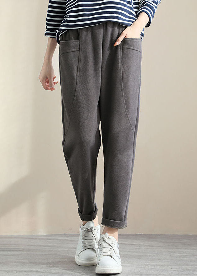 Grey High Waist Pockets Cotton Crop Pants Spring
