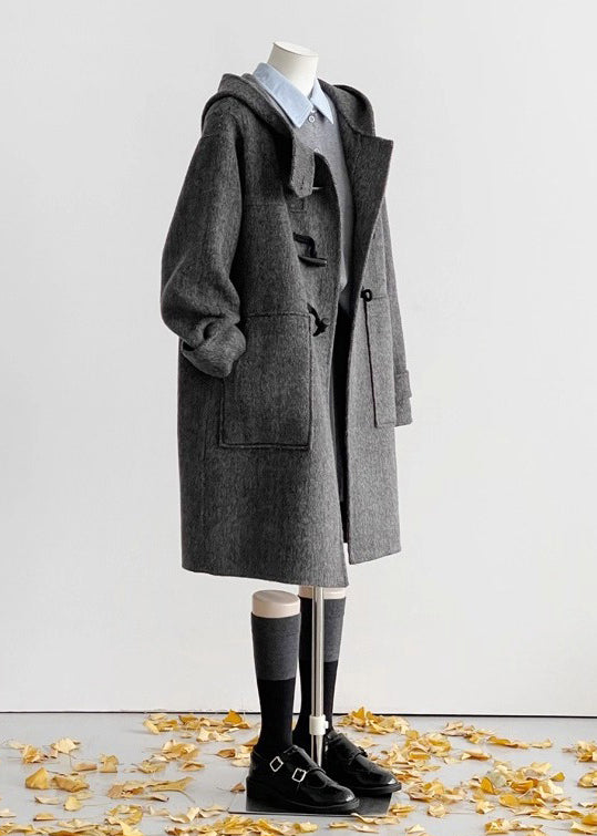 Grey Hooded Pockets Woolen Coats Winter