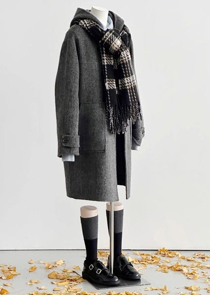 Grey Hooded Pockets Woolen Coats Winter