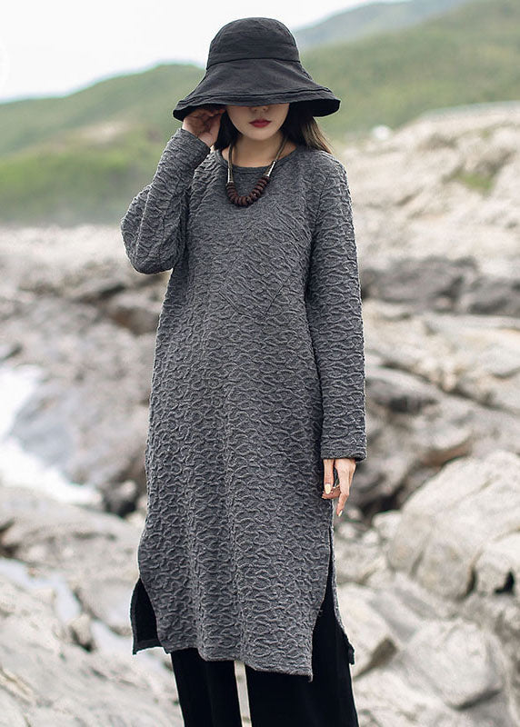 Grey Jacquard Side Open Knit Long Sweater Winter