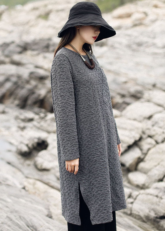 Grey Jacquard Side Open Knit Long Sweater Winter