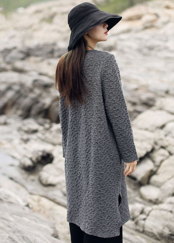 Grey Jacquard Side Open Knit Long Sweater Winter