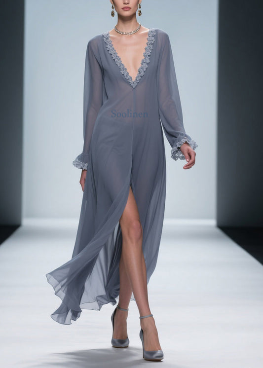 Grey Lace Side Open Chiffon Dress Flare Sleeve