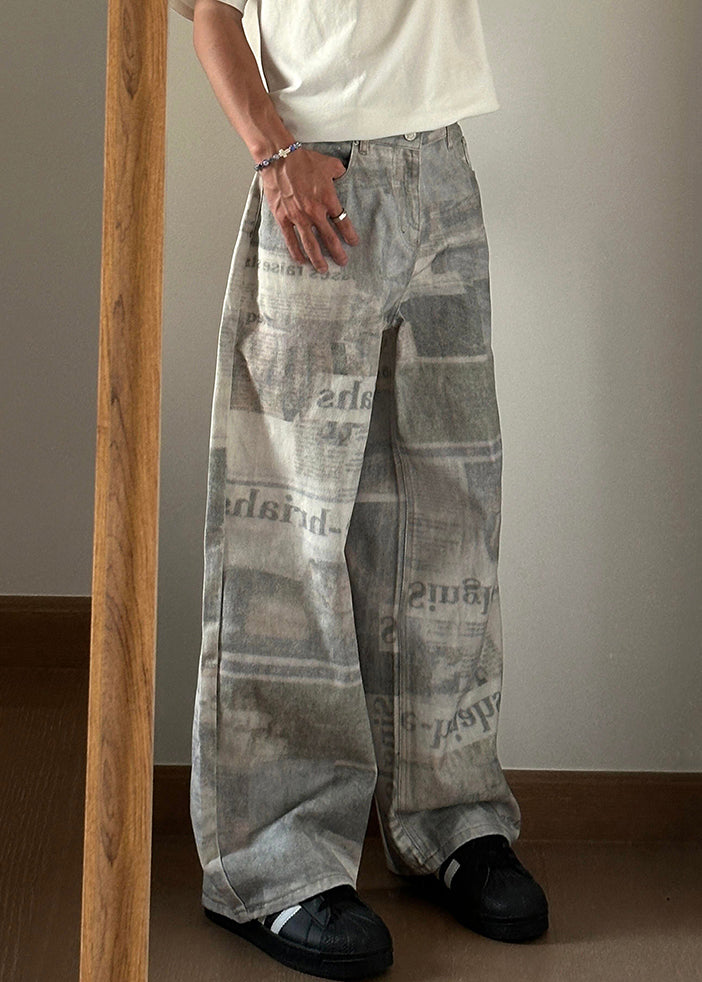 Grey Letter Print High Waist Denim Pants