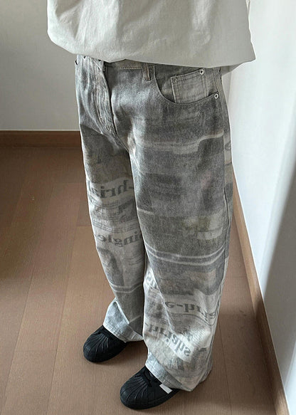 Grey Letter Print High Waist Denim Pants