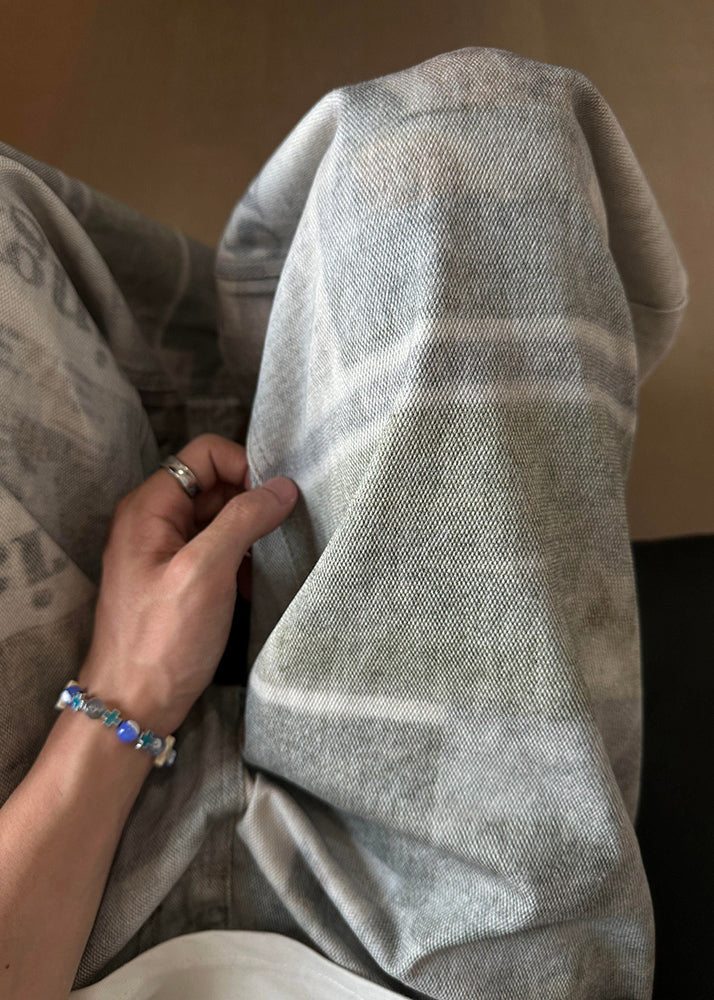 Grey Letter Print High Waist Denim Pants