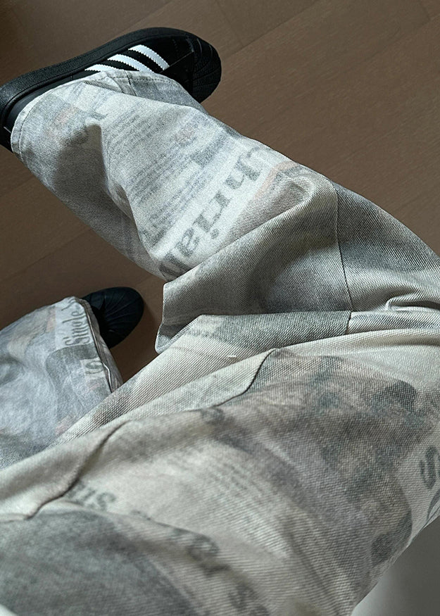 Grey Letter Print High Waist Denim Pants