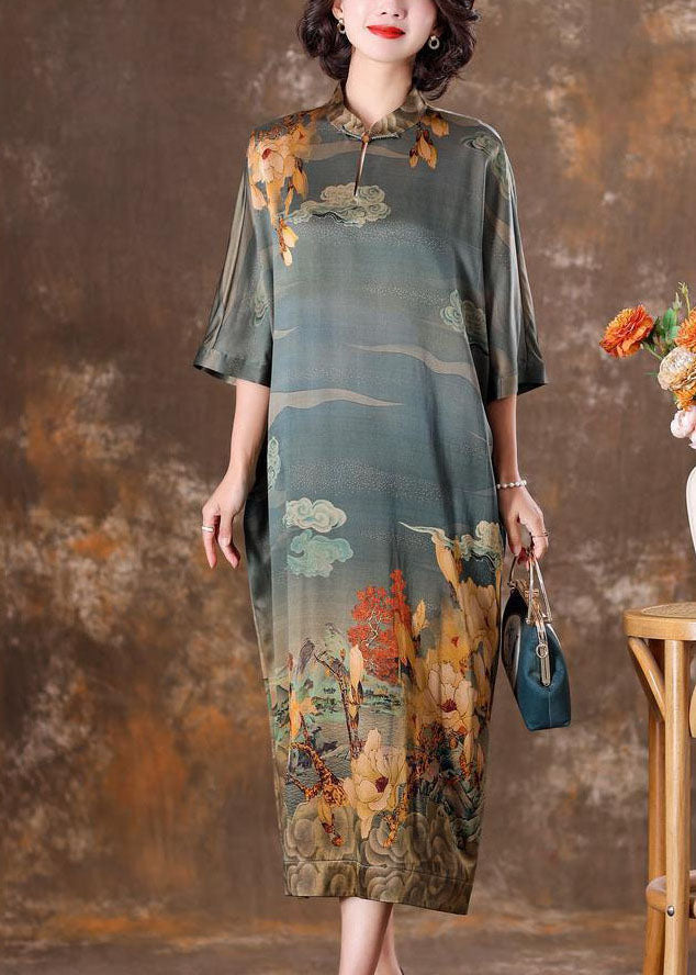 Grey Mandarin Collar Print Silk Long Dress Caftan Half Sleeve