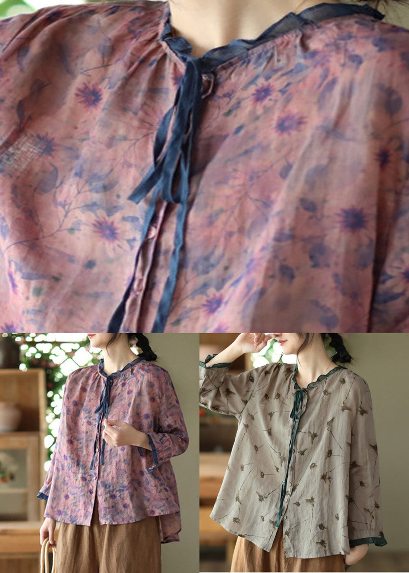Grey Neck Tie Print Ramie Tops Long Sleeve