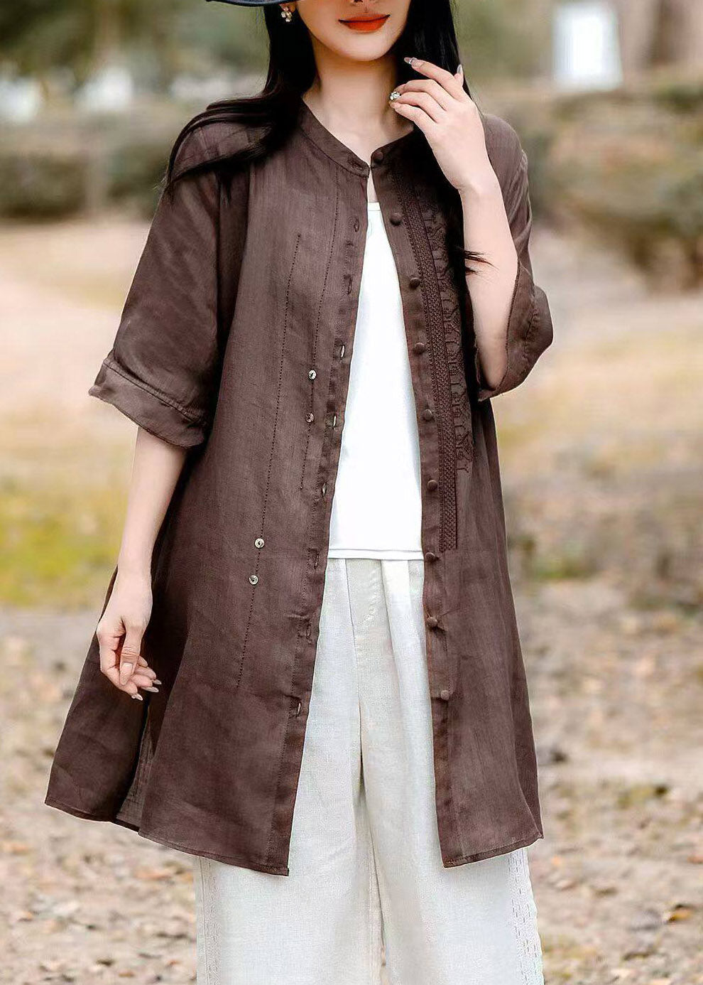 Grey O-neck Embroidered Long Linen Shirt Short Sleeve