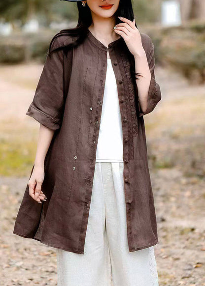 Grey O-neck Embroidered Long Linen Shirt Short Sleeve