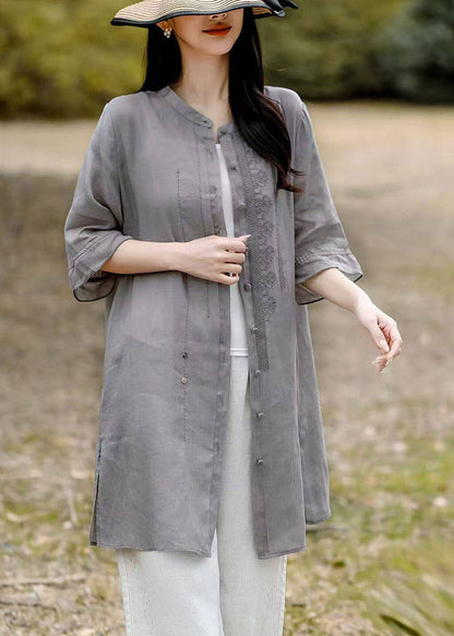 Grey O-neck Embroidered Long Linen Shirt Short Sleeve