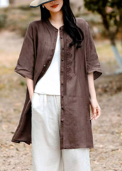 Grey O-neck Embroidered Long Linen Shirt Short Sleeve