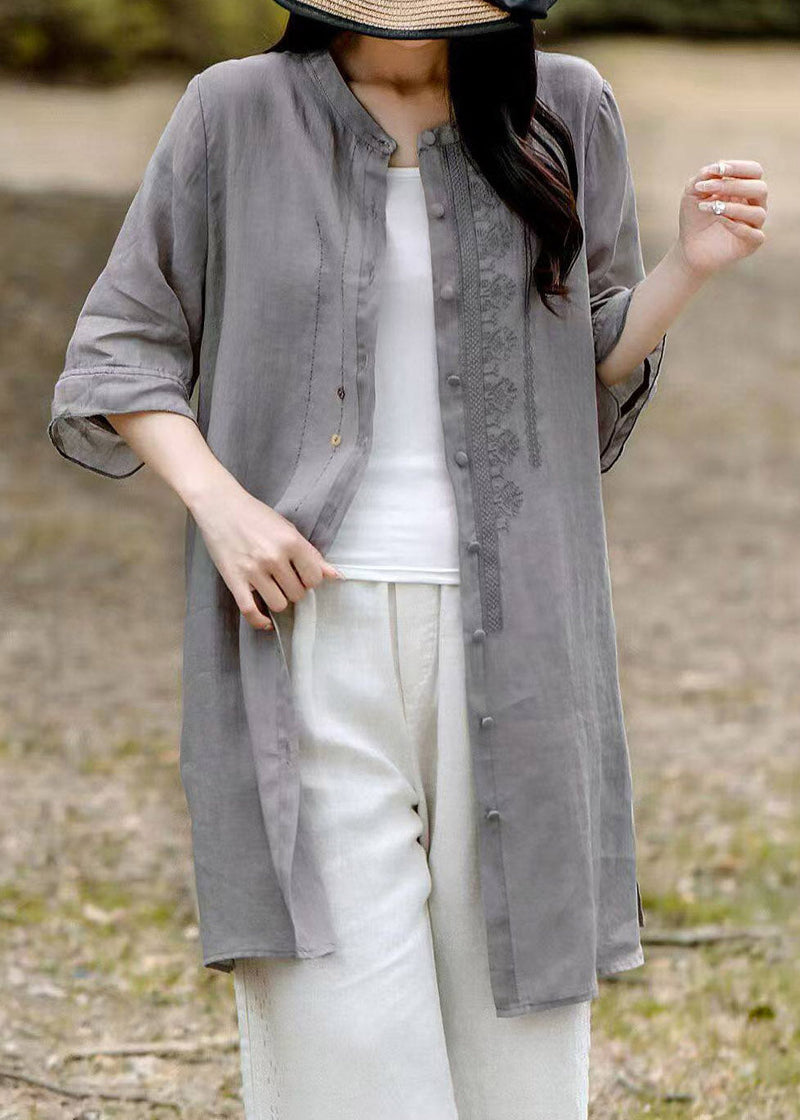 Grey O-neck Embroidered Long Linen Shirt Short Sleeve